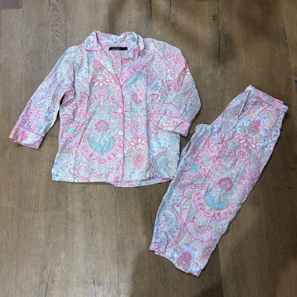 Lauren Ralph Lauren 2 Piece Pink Pajama Set size Large Floral Paisley